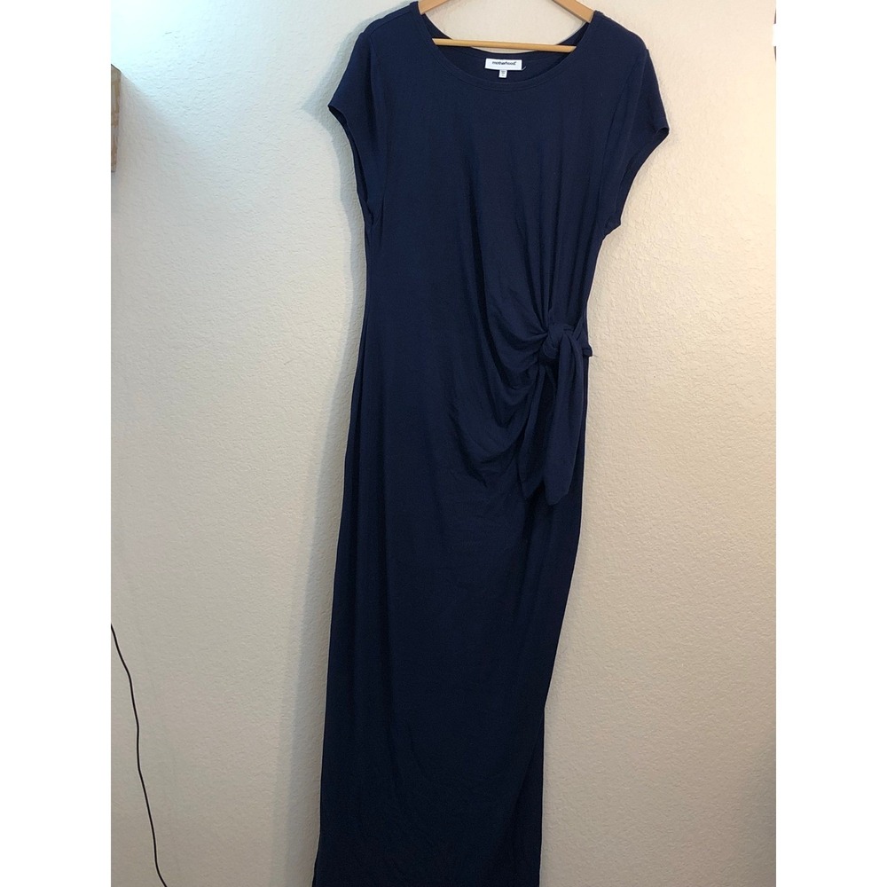 Motherhood Maternity Navy Blue Side Tie Knot Maxi Dress XL Short Sleeve Slit - Picture 3 of 6
